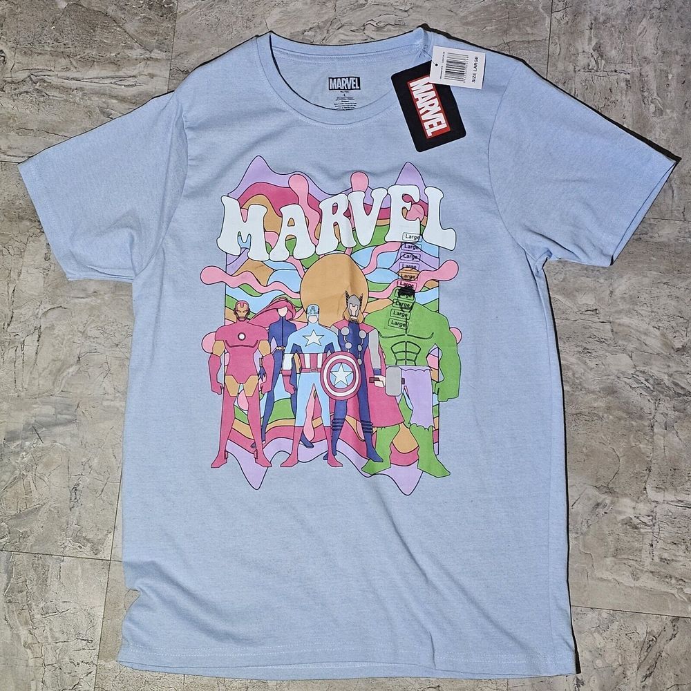 Marvel Mens Large T-Shirt Blue Avengers Hulk Thor Iron Man Captain America NWT